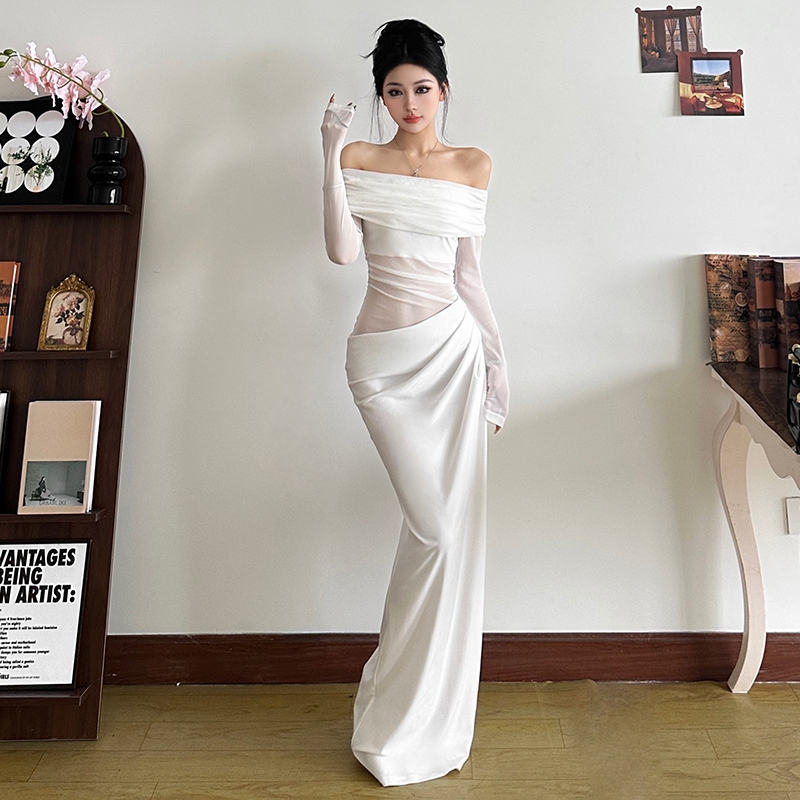 แปลก Puss ตาข่าย Slash-คอชุด Skinny Patchwork Hollow Out ไม่สม่ําเสมอแขนยาวรูปเอว Hip-Covering Casual แฟชั่นหวาน — صورة 8
