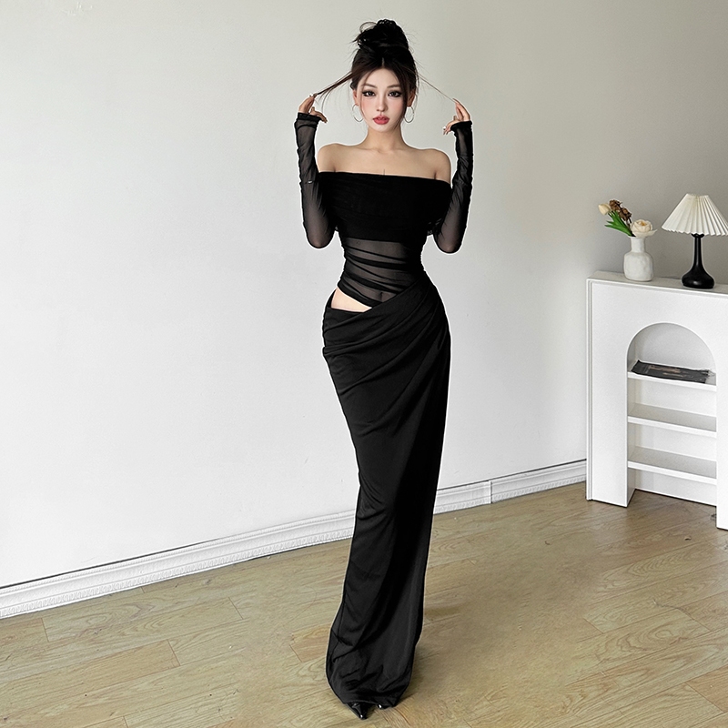 แปลก Puss ตาข่าย Slash-คอชุด Skinny Patchwork Hollow Out ไม่สม่ําเสมอแขนยาวรูปเอว Hip-Covering Casual แฟชั่นหวาน — صورة 5