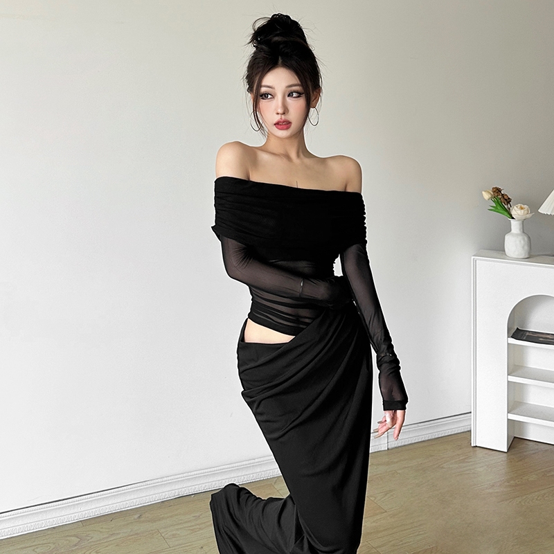 แปลก Puss ตาข่าย Slash-คอชุด Skinny Patchwork Hollow Out ไม่สม่ําเสมอแขนยาวรูปเอว Hip-Covering Casual แฟชั่นหวาน — صورة 4