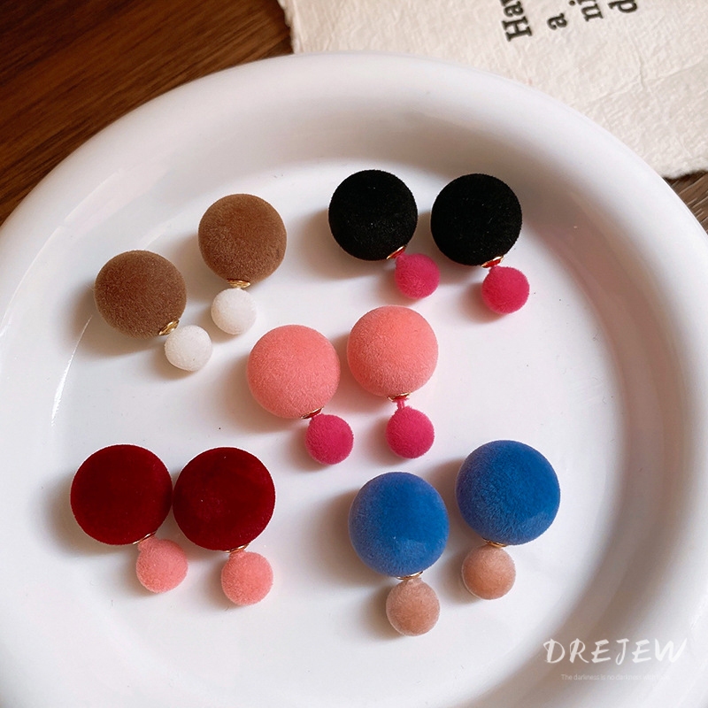 Drejew เข็มเงิน Flocked รอบ Peas Contrast สีสตั๊ดต่างหูผู้หญิงต่างหูสองสวมใส่