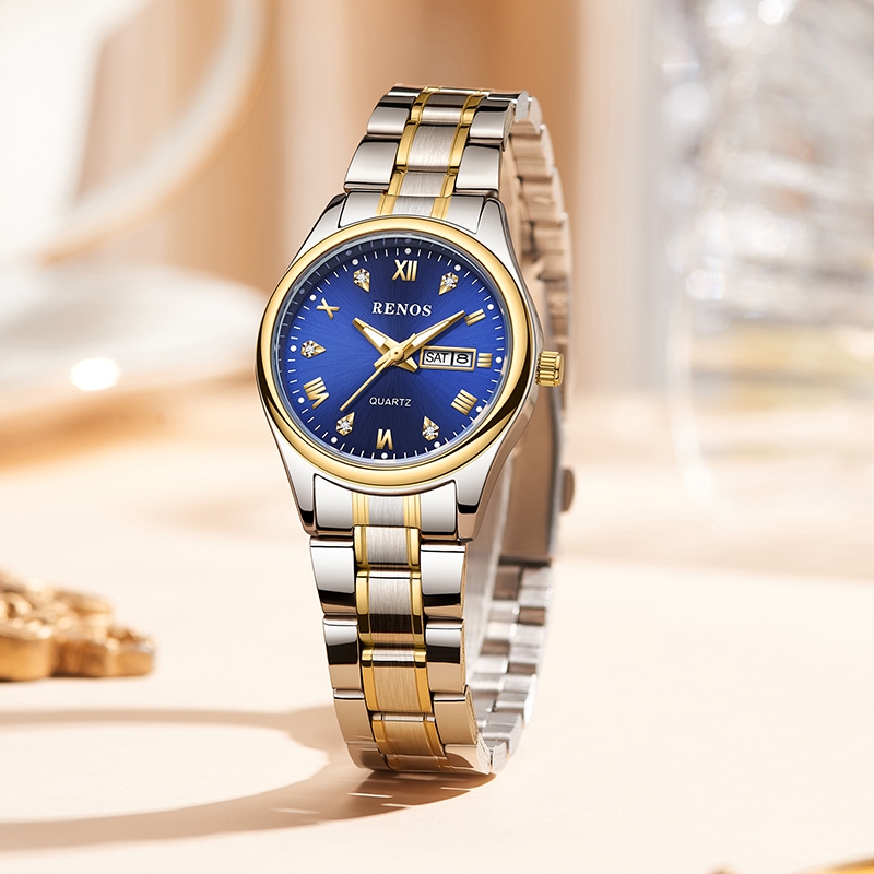 Renos 7235L/in stock ผู้หญิงธุรกิจ Leisure บันได Dial Quartz Luxury Leisure กันน้ําสุภาพสตรี charms นาฬิกา