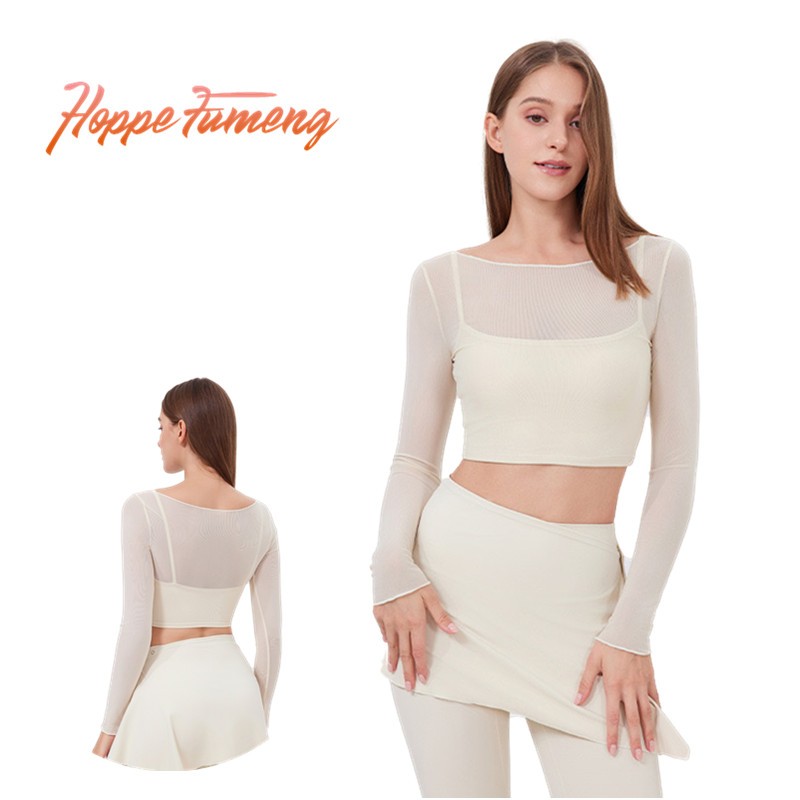 Hope Fumengแฟชั่นเสื้อแขนยาวตาข่ายด้านนอกพร้อมบราบุนวมด้านในสําหรับผู้หญิงชุดกีฬา
