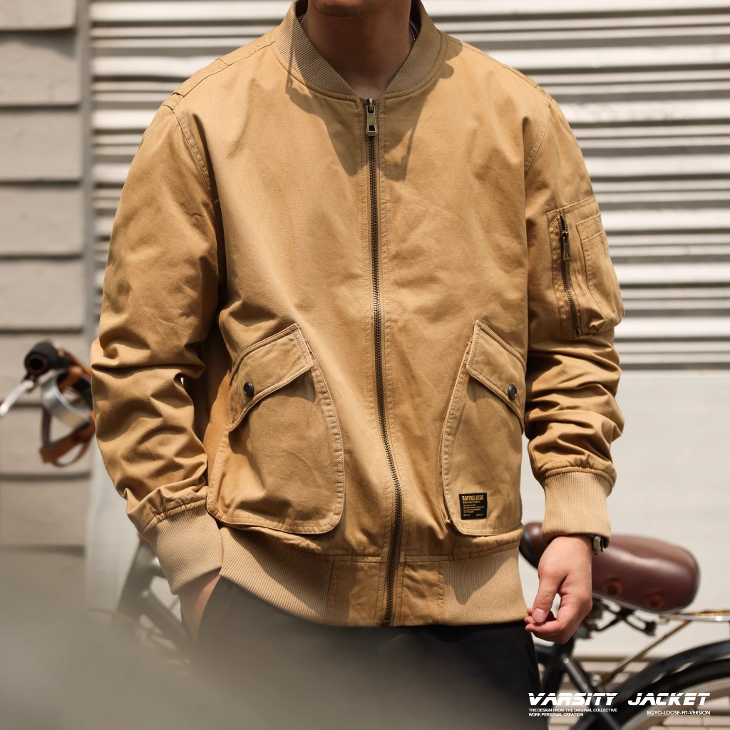 American Retro MA-1 Flight Jacket Men Loose Workwear Plus Size สีกากีเบสบอล Collar Harrington Jacket