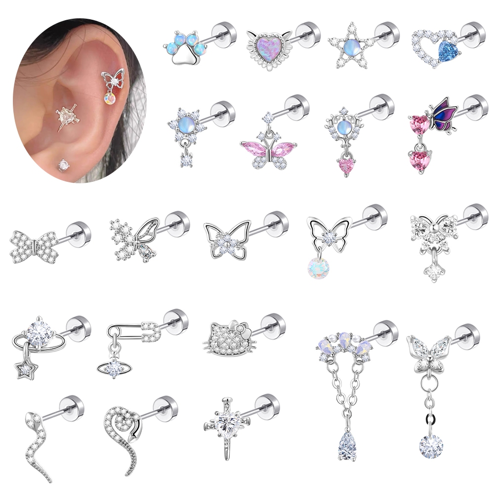 1 PC ต่างหูกระดูกอ่อนผีเสื้อสแตนเลสสีชมพู Mermaid กระดูกอ่อนสตั๊ดต่างหู Helix Conch Tragus เจาะ