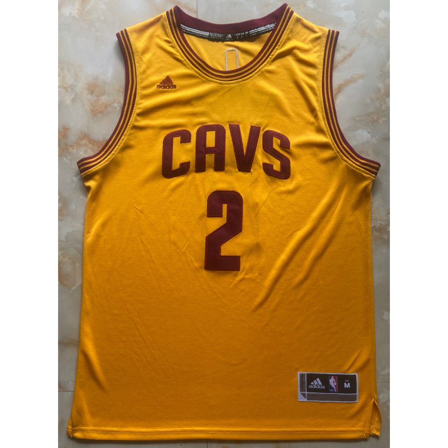 2015 ซีซั่นผู้ชายใหม่ผ้าใบ Cleveland Cavaliers #2 Kyrie Irving CAVS เสื้อบาสเก็ตบอลย้อนยุคปักลายสีเหลือง