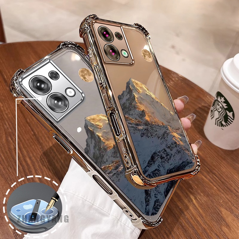 สําหรับ OPPO Reno 8 5G Reno 8 Pro 5G สี่มุม anti drop electroplated เคสโทรศัพท์ความงาม sunset gold mountain ภูมิทัศน์รูปแบบ TPU soft case