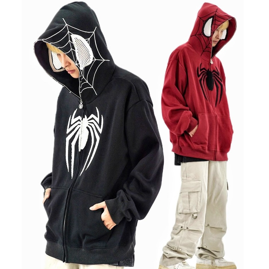 [M-8XL] อเมริกันแฟชั่นแมงมุมชาย hoodies ซิปอินเทรนด์ฮิปฮอปคาร์ดิแกนแจ็คเก็ตขนาดใหญ่ สีดำ สีขาว สีแดง