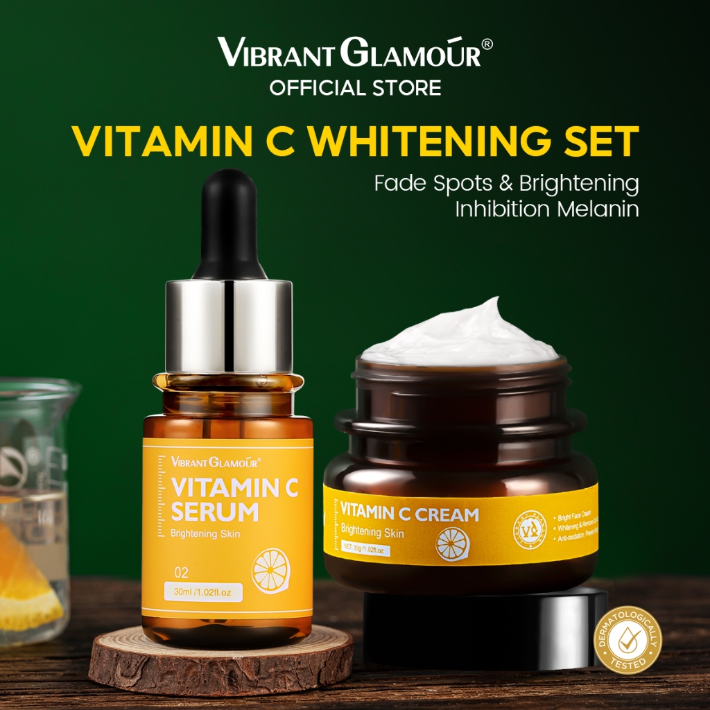 VIBRANT GLAMOUR FDA ครีมวิตามินซี ไวท์เทนนิ่ง เซรั่มบํารุงผิวหน้า กระ จุดด่างดํา กระ สว่างขึ้น VC เอสเซ้นส์ 2 ชิ้น