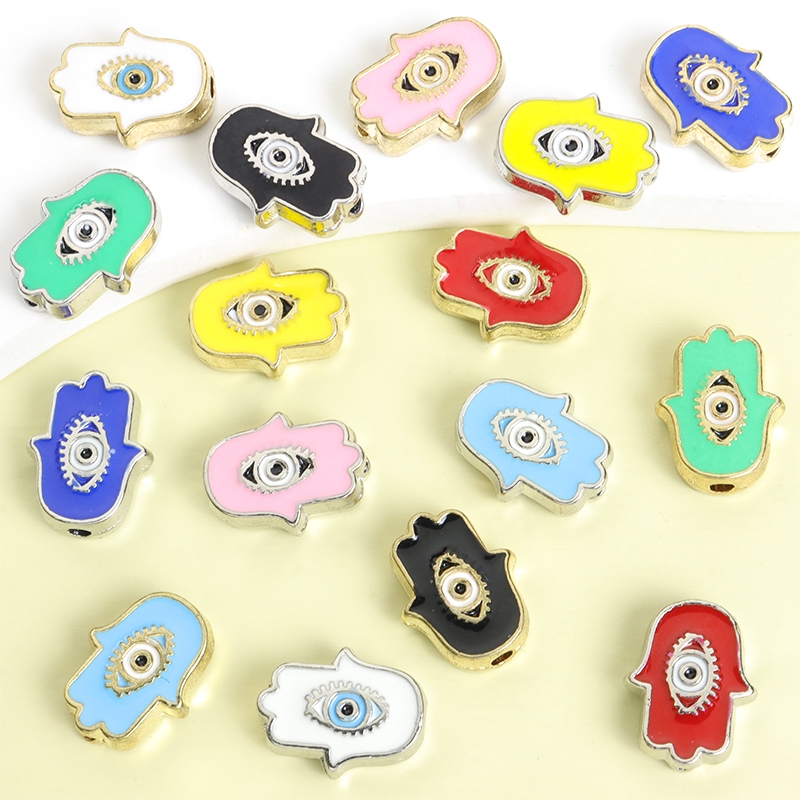 10 ชิ้นMulticolor Hamsa Hand & Evil EyeรูปแบบเคลือบSpacerลูกปัดDIYตุรกีสไตล์สร้อยข้อมือ,สร้อยคอ,สร้อยข้อเท้า,พวงกุญแจและAmulets Fatima Hand & Devils Eye Designโลหะผสมลูกปัด