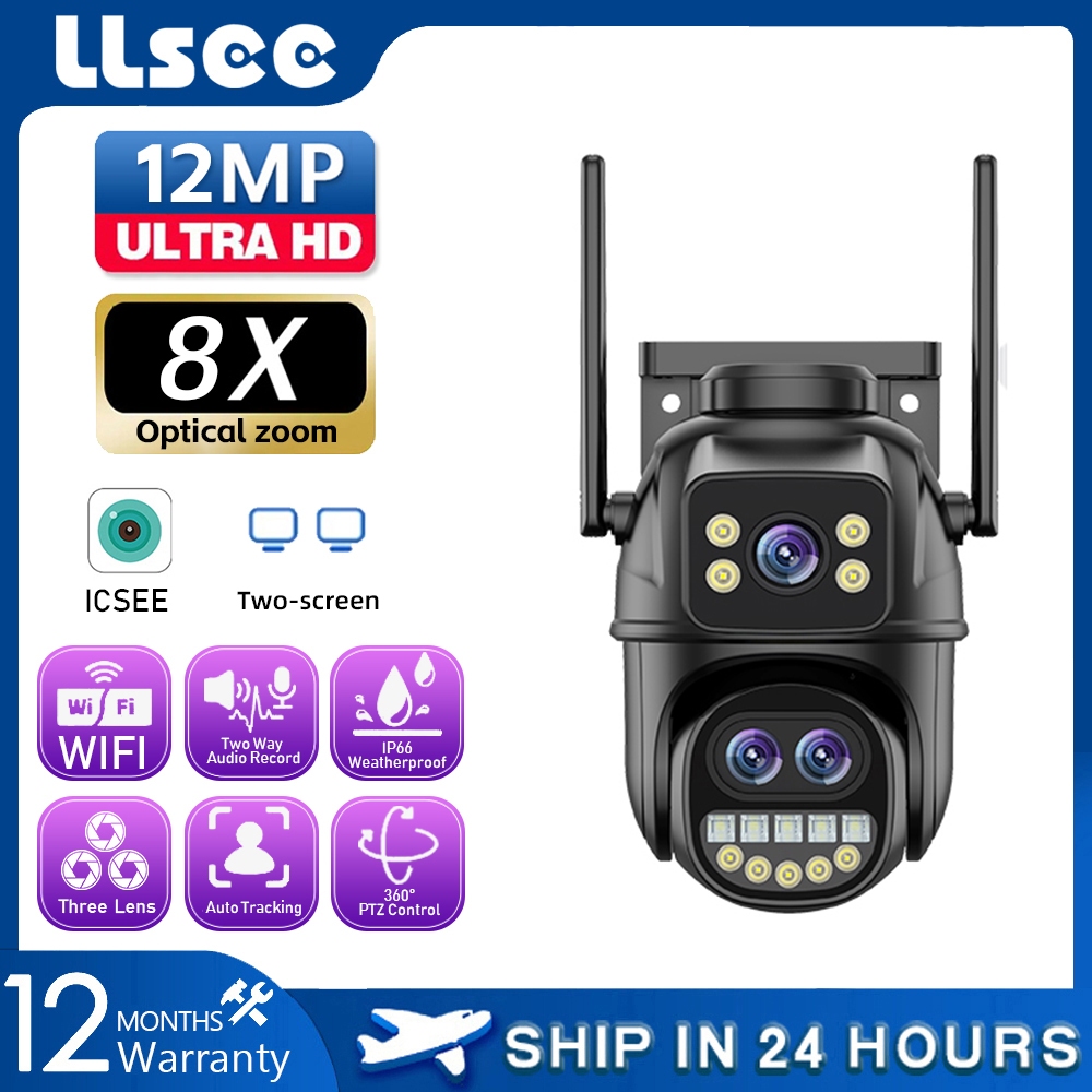 LLSEE ICSEE สามเลนส์ 12MP 6K 8X Optical Zoom บ้านกล้องวงจรปิดไร้สาย WIFI กันน้ำการเคลื่อนไหวติดตามสัญญาณเตือนภัยสีสันกลางคืน 360 PTZ กล้องรักษาความปลอดภัย