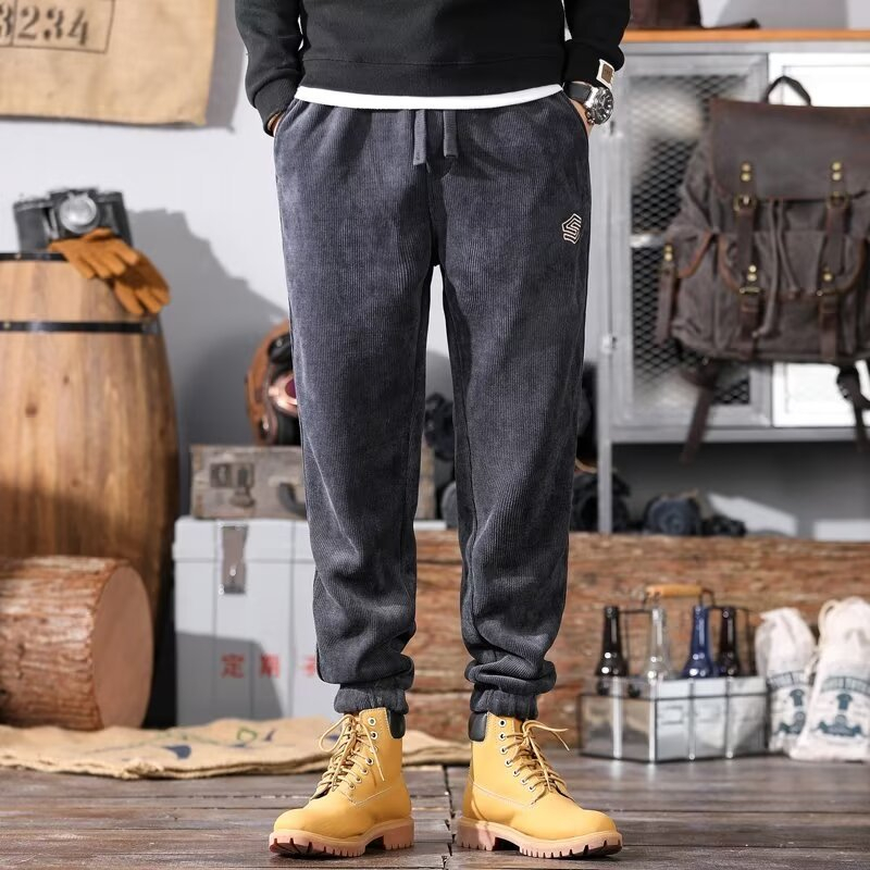 Harajuku แฟชั่นขี้เกียจอินเทรนด์ Corduroy ผู้ชายฤดูใบไม้ร่วงฤดูหนาว Foot Tie ขนแกะหนา All-Match Simple วรรณกรรมกางเกงผู้ชาย