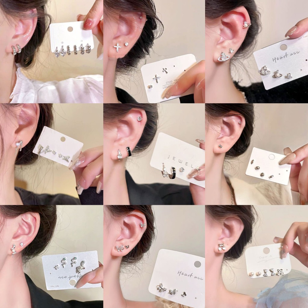 6 ชิ้นเกาหลีแฟชั่นเพชรข้ามต่างหูหัวใจผีเสื้อชุดหญิงสีทองสีเงิน อิน ของขวัญวันเกิดนักเรียน