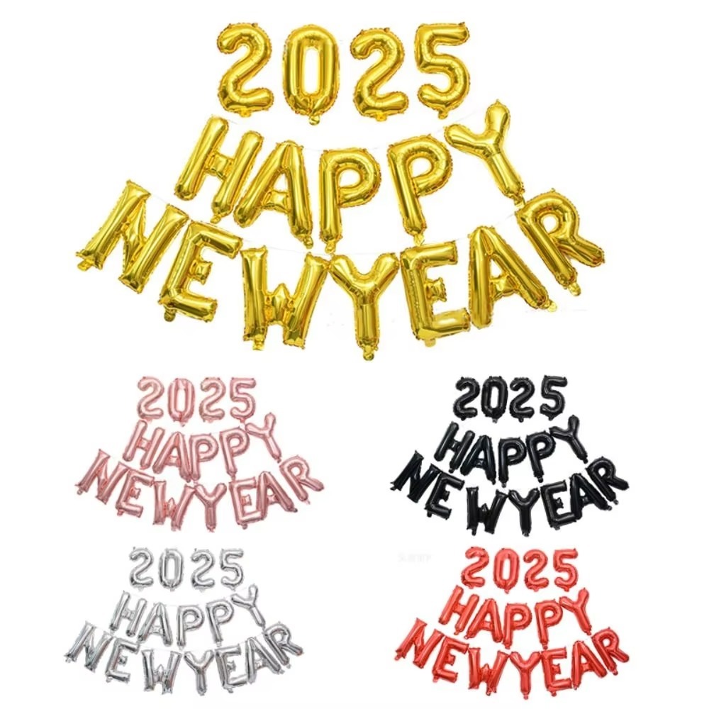 สวัสดีปีใหม่ 2025 ลูกโป่งตัวอักษรเครื่องประดับวันหยุดตกแต่งปีใหม่ลูกโป่งฟอยล์ที่มีสีสันอุปกรณ์ปาร์ตี้พอง