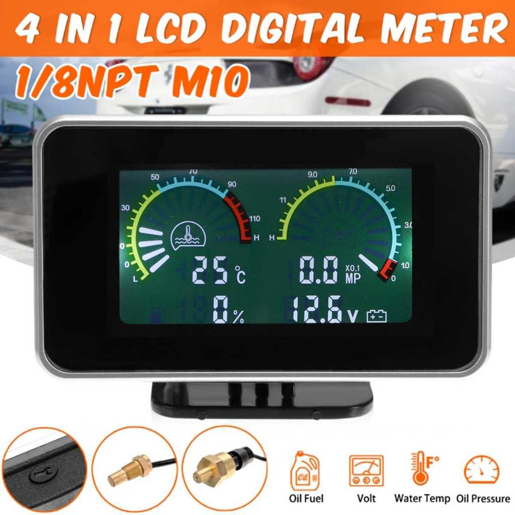 4-in-1 รถ LCD Meter ดิจิตอลความดันน้ํามันแรงดันไฟฟ้าอุณหภูมิน้ําการใช้ Gauge Universal Instrument 9-36V สําหรับรถรถบรรทุก