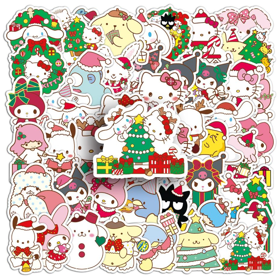 50pcs คริสต์มาส Sanrio HelloKitty Cinnamoroll สติกเกอร์น่ารักสําหรับ DIY เคสโทรศัพท์แล็ปท็อปหมวกกันน็อครถ Graffiti กันน้ําตกแต่งของขวัญ