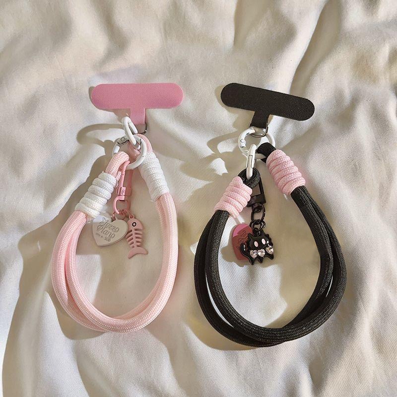 ใหม่น่ารักสาวหัวใจ อิน สีทึบสามมิติแมวดําสีชมพูรักเครื่องประดับเคสโทรศัพท์สากลไนลอนเชือกเส้นเล็ก ซอก ทั้งหมด-จับคู่ กระเป๋าเป้สะพายหลังพวงกุญแจสั้นสายรัดข้อมือป้องกันการต