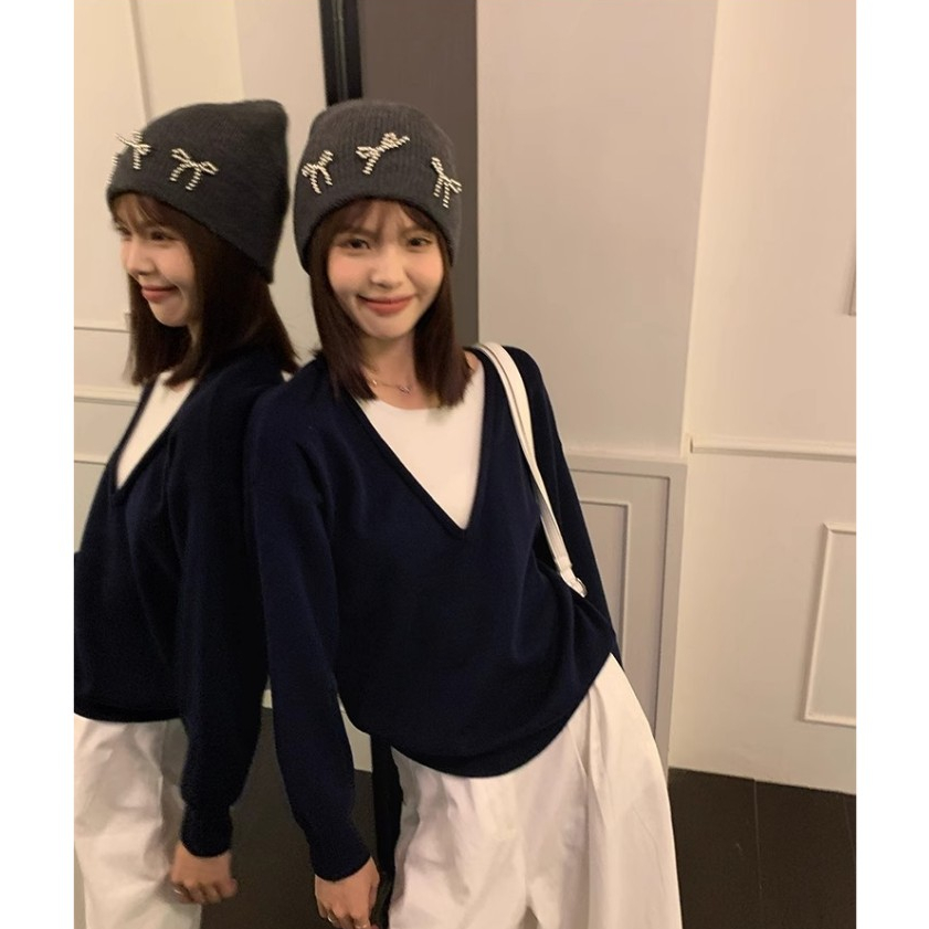 NZN สีกรมท่าปลอมสองชิ้นผู้หญิงฤดูใบไม้ร่วงฤดูหนาวสไตล์ใหม่หลวมสไตล์เกาหลีเสื้อกันหนาวยาว @-