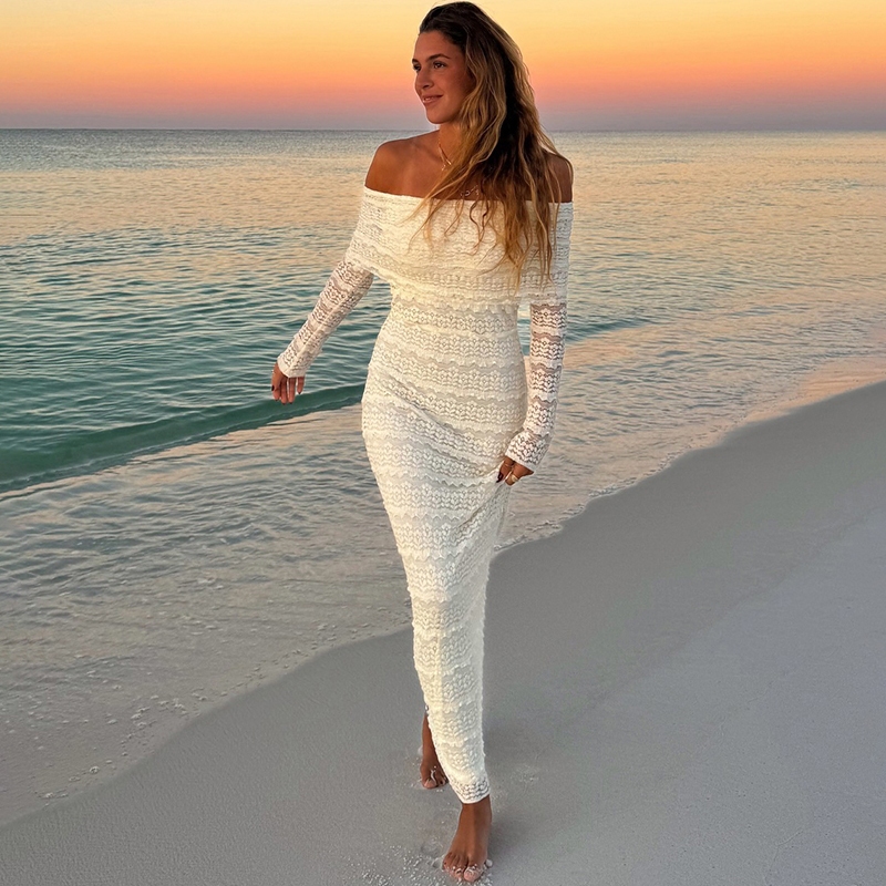 แปลก Puss ลูกไม้ชุด Slash-คอไม่สม่ําเสมอแขนยาว Patchwork รูปเอว Hip-Covering Casual แฟชั่นสไตล์อเมริ