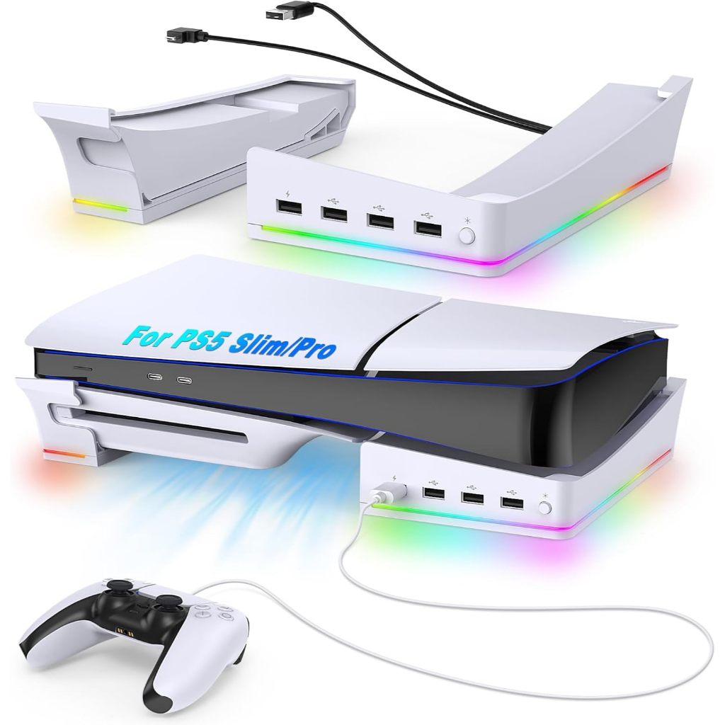 ขาตั้งแนวนอน RGB สําหรับ PS5 Pro/PS5 Slim Console พร้อมโหมดไฟ 14 โหมดและฮับ USB 4 อัน, ขาตั้งด้านข้างสําหรับ PS5 Pro/PS5 Slim Disc & Digital, ที่ยึดฐานพร้อมการชาร์จคอนโทรลเลอร์ที่รวดเร็ว