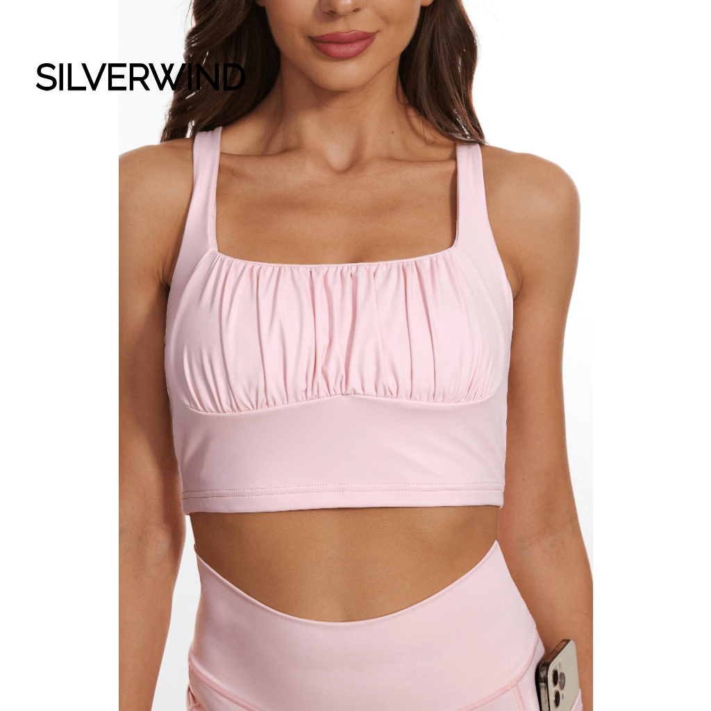 Silverwind LuxeCool Ruched Bust Crystal Pink Tank สปอร์ตบราสําหรับผู้หญิงโยคะ,พิลาทิส,ออกกําลังกาย,ยิม,นุ่ม,ไม่มีรอยต่อ,Breathable