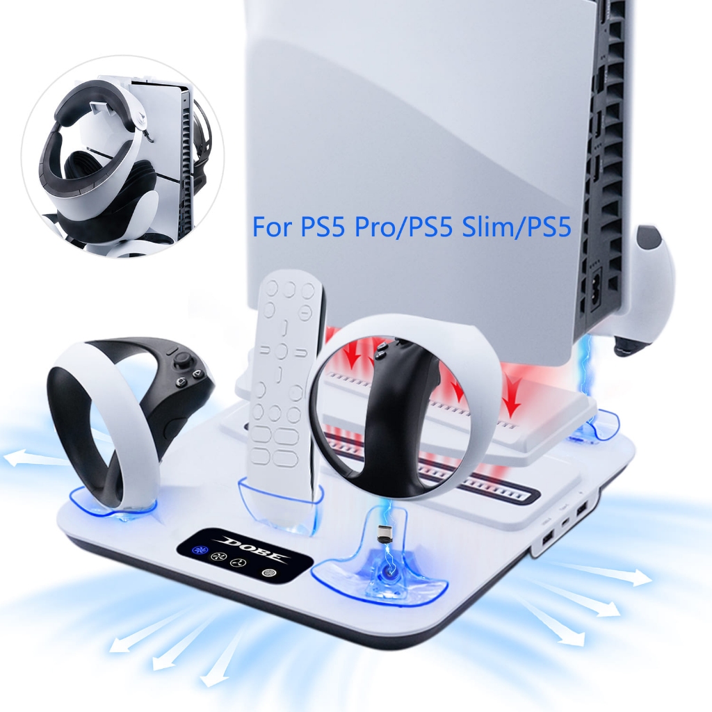 DOBE แท่นชาร์จระบายความร้อนมัลติฟังก์ชั่นสําหรับคอนโซล PS5 Pro/PS5 Slim/PS5 และคอนโทรลเลอร์ PS VR2