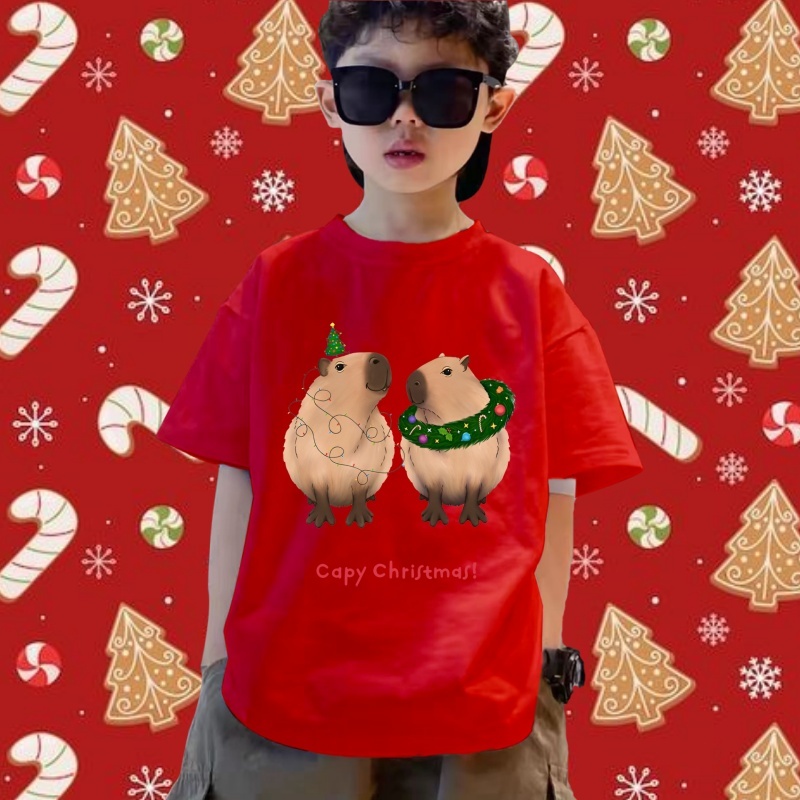 เสื้อยืดเด็ก Capybara & Merry Christmas Children's Tshirt ผ้าฝ้ายเนื้อนุ่ม มี 8 สี เสื้อผ้าเด็กคริสต์มาส 100-150 ซม #AT08
