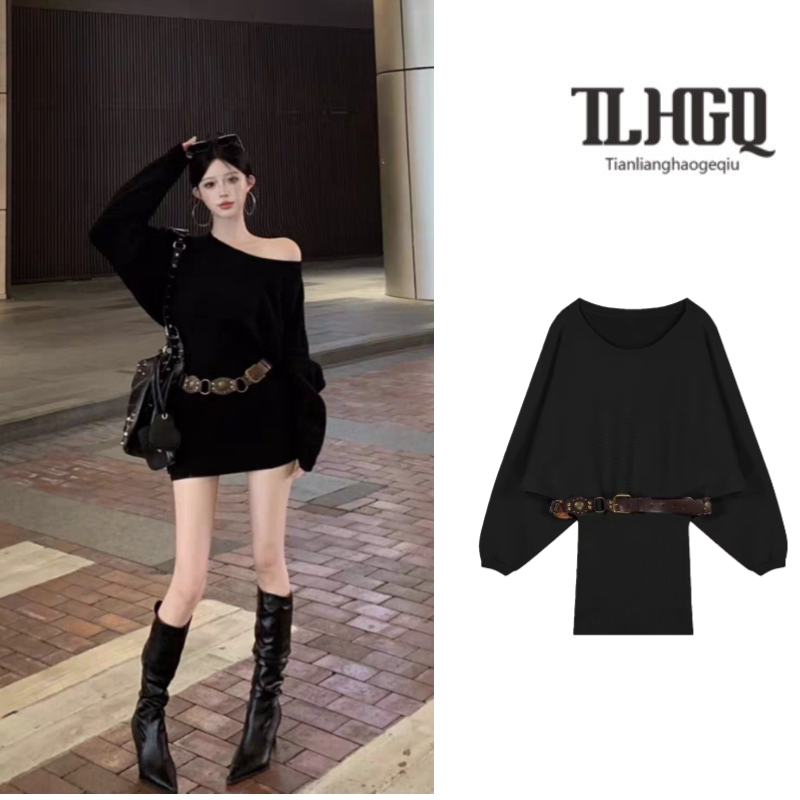 Tian-lianhaogeqiu ชุดสตรี slouchy เสื้อกันหนาวแขนยาวถักที่ไม่มีสายหนังอารมณ์กระโปรงสะโพก