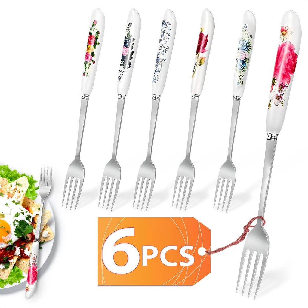 อุคไก ชุด6ชิ้นชุดส้อมสแตนเลสเครื่องเงินส้อมอาหารค่ําส้อมโลหะส้อมขนมสแตนเลสจับเซรามิกแฟนซีส้อมหนัก