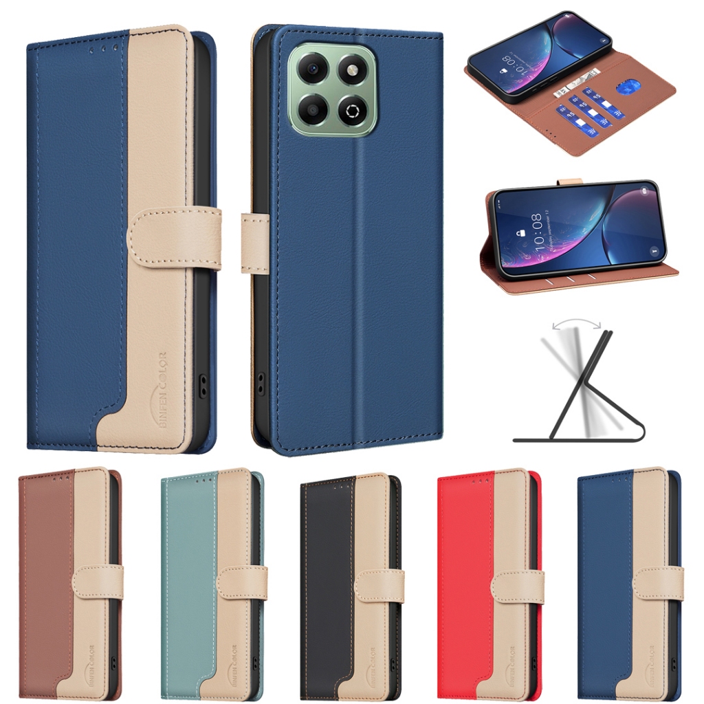Splicing หนังเคสโทรศัพท์สําหรับ Huawei Honor X9C 5G Hono X5B X7C X6B 200 SMART 5G Flip กระเป๋าสตางค์ป้องกันปลอกพร้อมช่องใส่การ์ดขาตั้ง