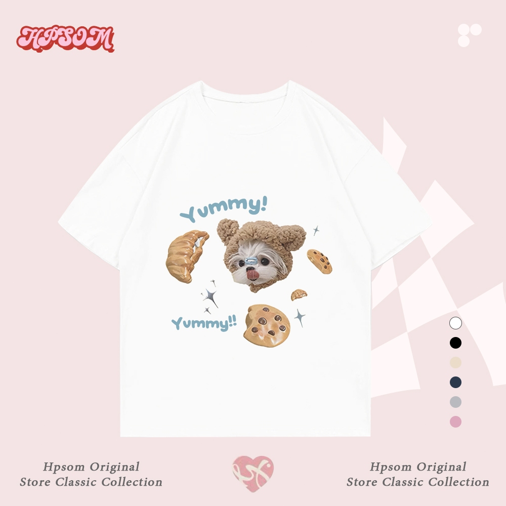 Hpsom top เสื้อยืดแขนสั้นสไตล์หวาน ลายการ์ตูนสุนัขน้อยพิมพ์ เสื้อยืดแขนสั้นคอตตอน