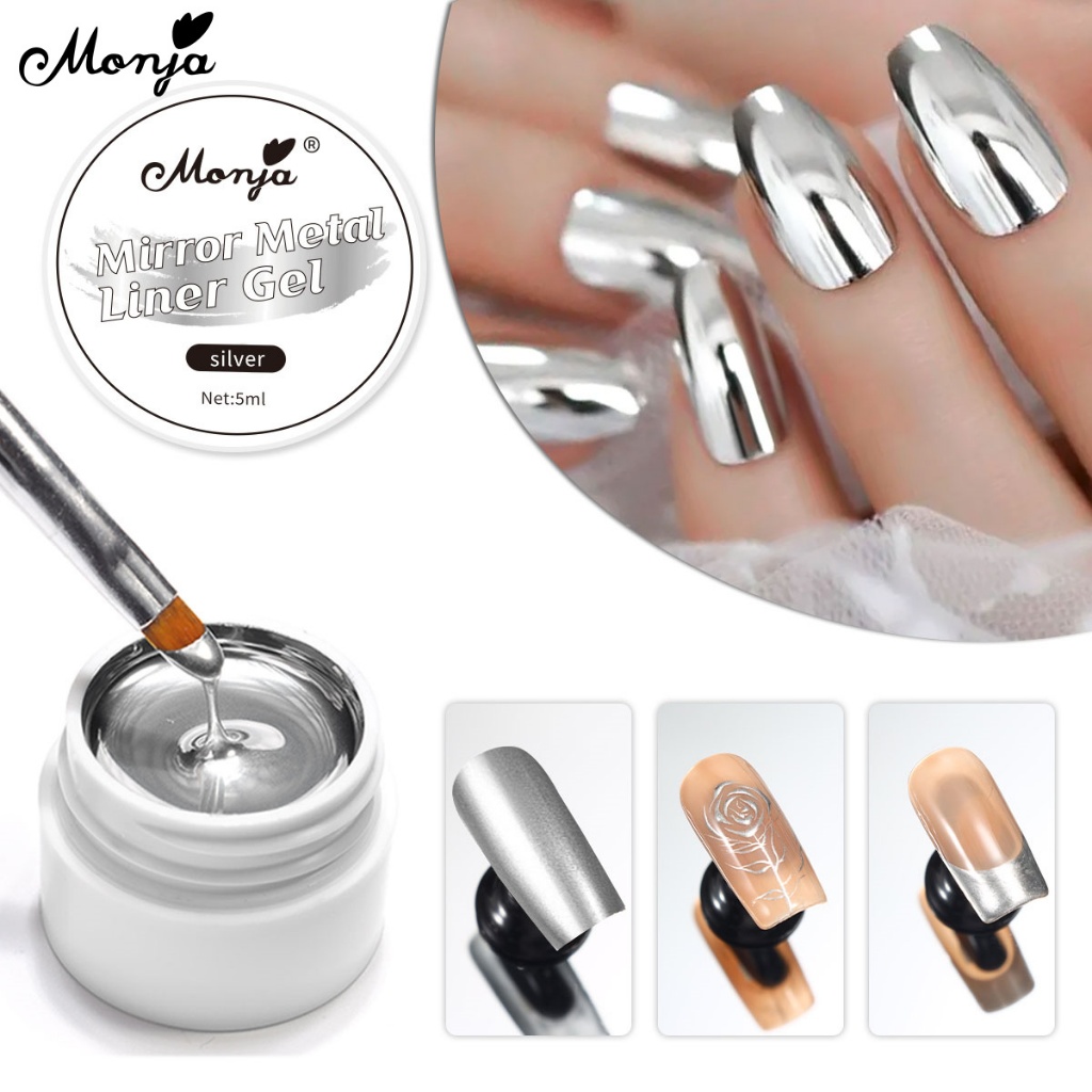 Monja 5ml เล็บ Liner เจลโลหะเงินกระจก Glitter ภาพวาดสายเจล Soak Off เคลือบเงา DIY เครื่องมือทําเล็บ