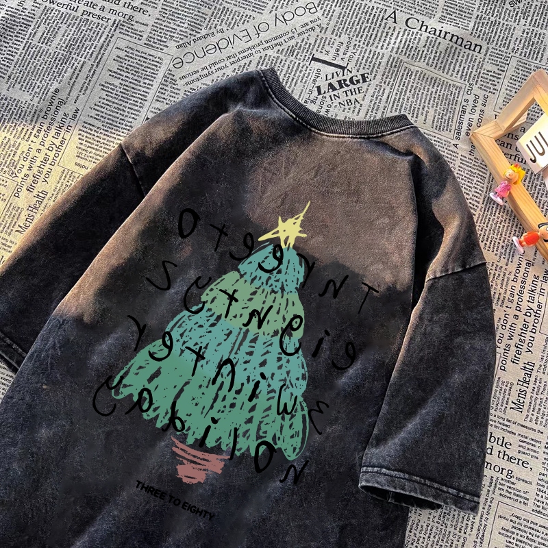 เสื้อ christmas Pofloret เสื้อยืดฟอก oversize ผ้าฟอกวินเทจ พิมพ์ลายต้นไม้คริสต์มาส #P000330