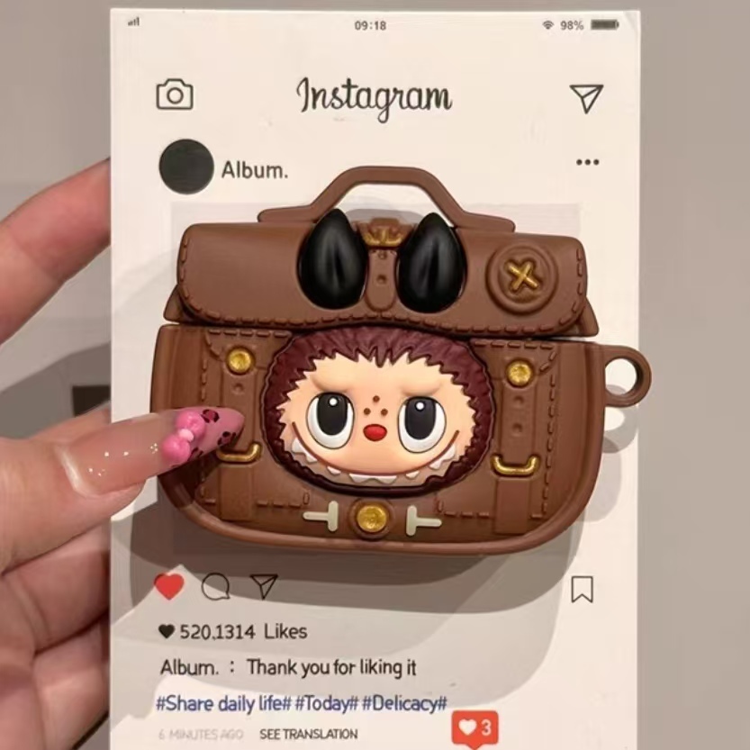 สีน้ําตาลกระเป๋าเอกสารการ์ตูน Popmart Labubu เคสป้องกัน,ซิลิโคนอ่อนนุ่ม 3D,ฝาครอบกันกระแทก,เข้ากันได้สําหรับ Apple AirPods 1 2 Pro 3 Pro2 4 (ใหม่)