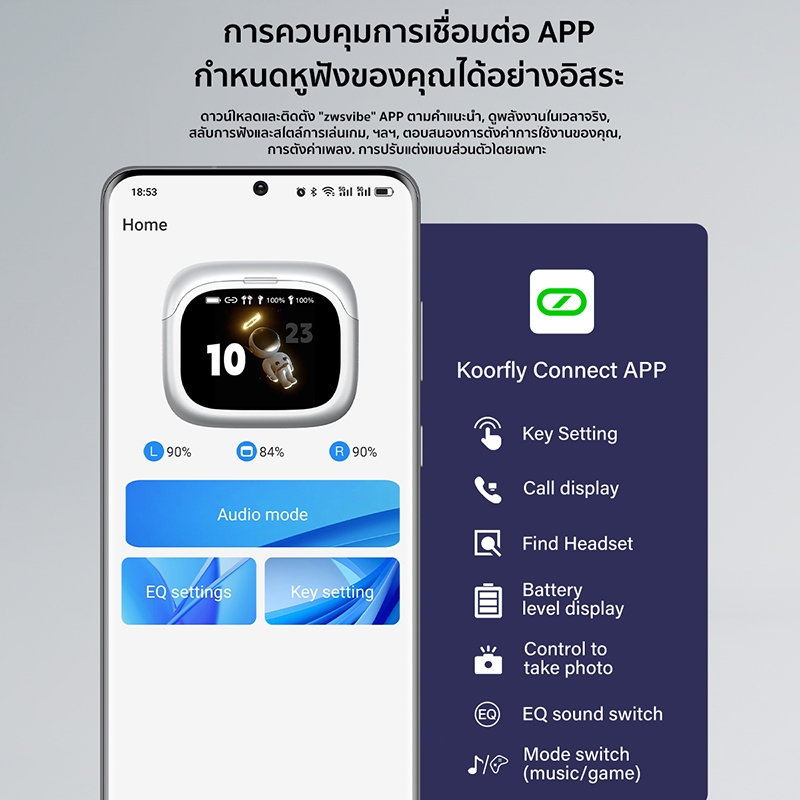 Koorfly EP1000 หูฟังไร้สายบลูทูธ LCD ลดเสียงรบกวน หูฟังบลูทูธ 5.4 หูฟังสมาร์ททัชสกรีน ฟังก์ชั่นแอพในตัว แบตเตอรี่ทนทาน Bluetooth earphones, ของขวัญเซอร์ไพรส์วันหยุดยาว!