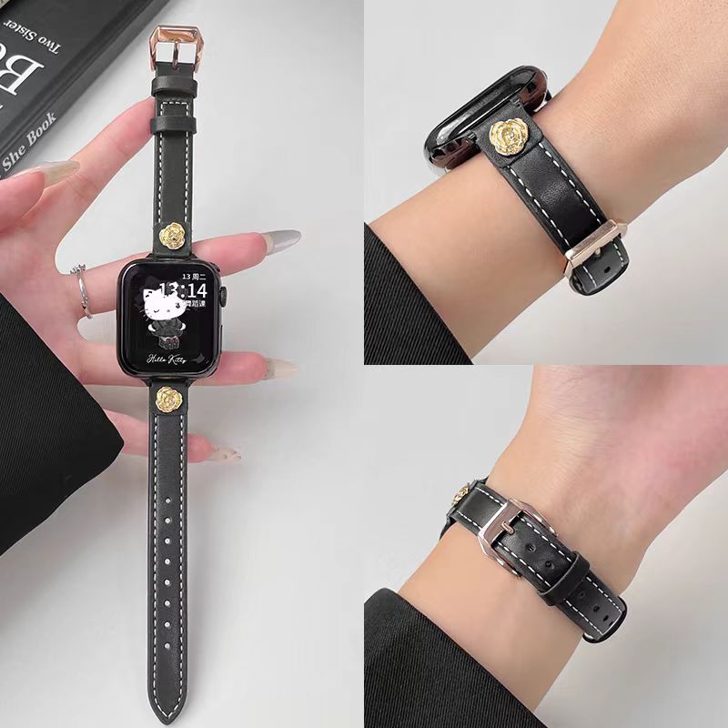 Rivet Camellia สายหนังบางสําหรับ iWatch Series Ultra 10 9 8 7 6 SE 5 4 3 2 1แฟชั่นสุภาพสตรีสายรัดข้อมือสําหรับ iWatch Band 49 มม.46 มม.44 มม.45 มม.41 มม.40 มม.38 มม.42 มม.