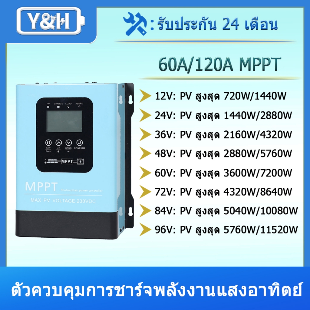 Y&H ตัวควบคุมการชาร์จพลังงานแสงอาทิตย์ 60A/120A MPPT คอนโทรลเลอร์ 12V/24V/36V/48V/60V/72V/84V/96V PV