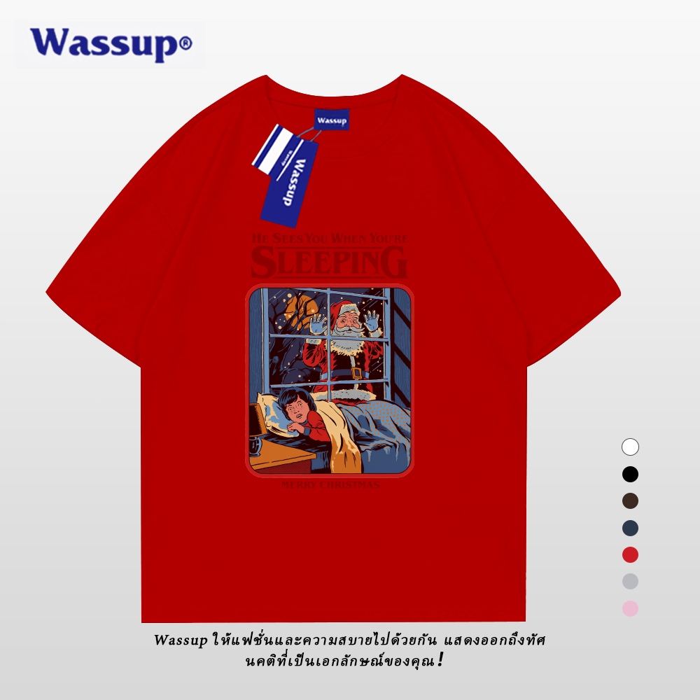 Wassup เสื้อยืดผู้ชายธีมคริสต์มาส แขนสั้น คอกลม ผ้าฝ้าย ลายสนุก ฉลองคริสต์มาส