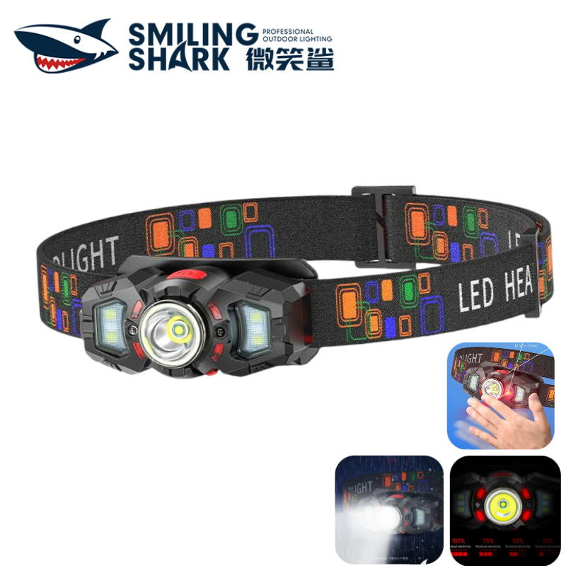 Smiling Shark TD0178 LED ไฟหน้าขนาดเล็ก 6 โหมด Type-c โคมไฟหัวแบบชาร์จไฟได้สีขาวสีแดงพร้อมไฟหน้าทํางานแบบเหนี่ยวนํากันน้ํา Outdoor Camping