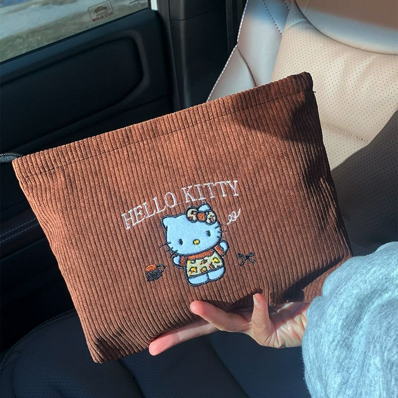 Vintage น่ารัก Hello Kitty เย็บปักถักร้อย Corduroy Ladies กระเป๋าแต่งหน้าแบบพกพาความจุขนาดใหญ่