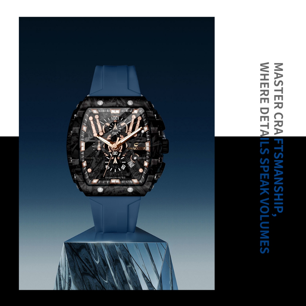 Chaixgo ผู้ชาย Chronograph นาฬิกาควอตซ์ Tonneau Dial Luminous Alloy กีฬากลางแจ้งนาฬิกาผู้ชายนาฬิกาพร้อมสายซิลิโคนสีส้ม 6879-5