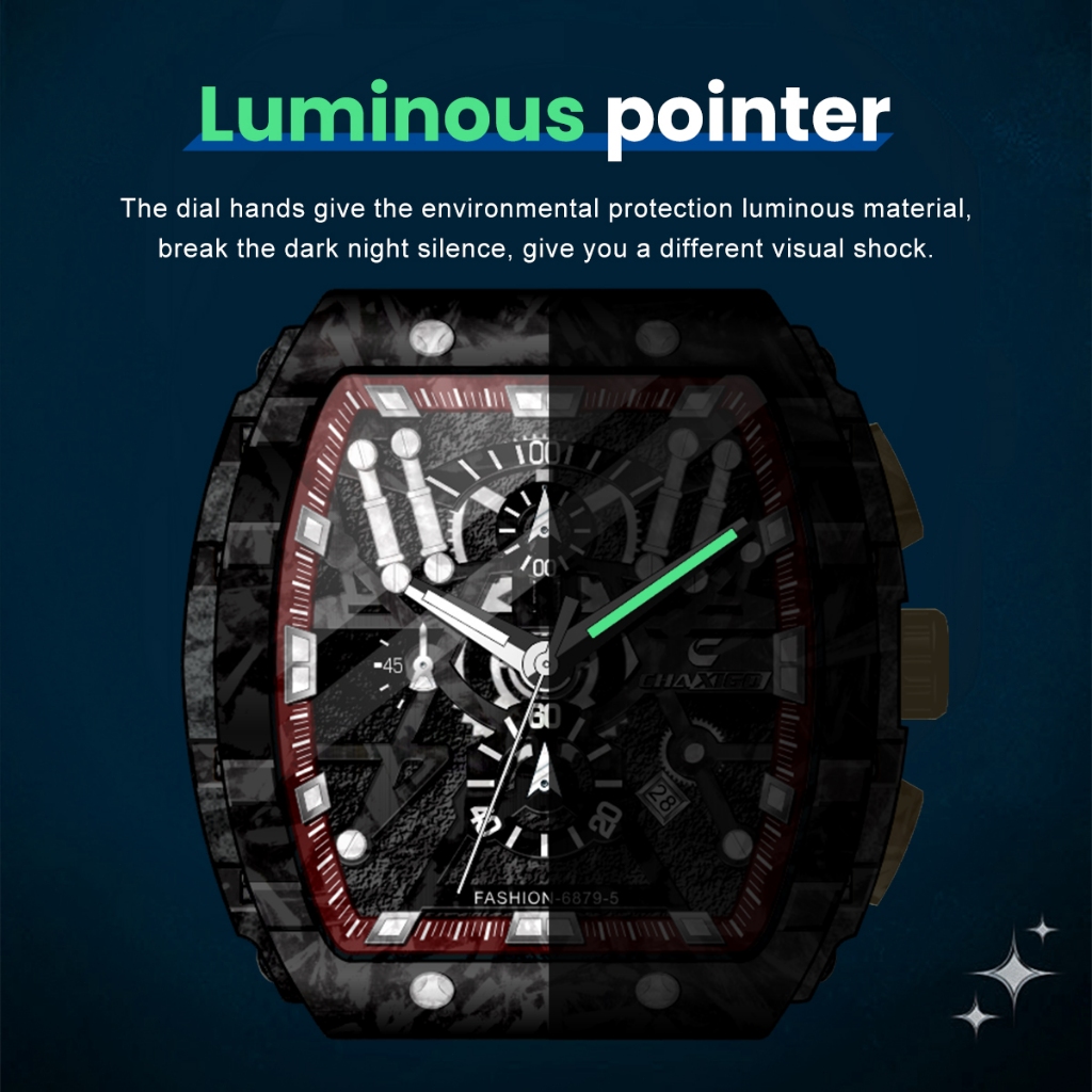 Chaixgo ผู้ชาย Chronograph นาฬิกาควอตซ์ Tonneau Dial Luminous Alloy กีฬากลางแจ้งนาฬิกาผู้ชายนาฬิกาพร้อมสายซิลิโคนสีส้ม 6879-5