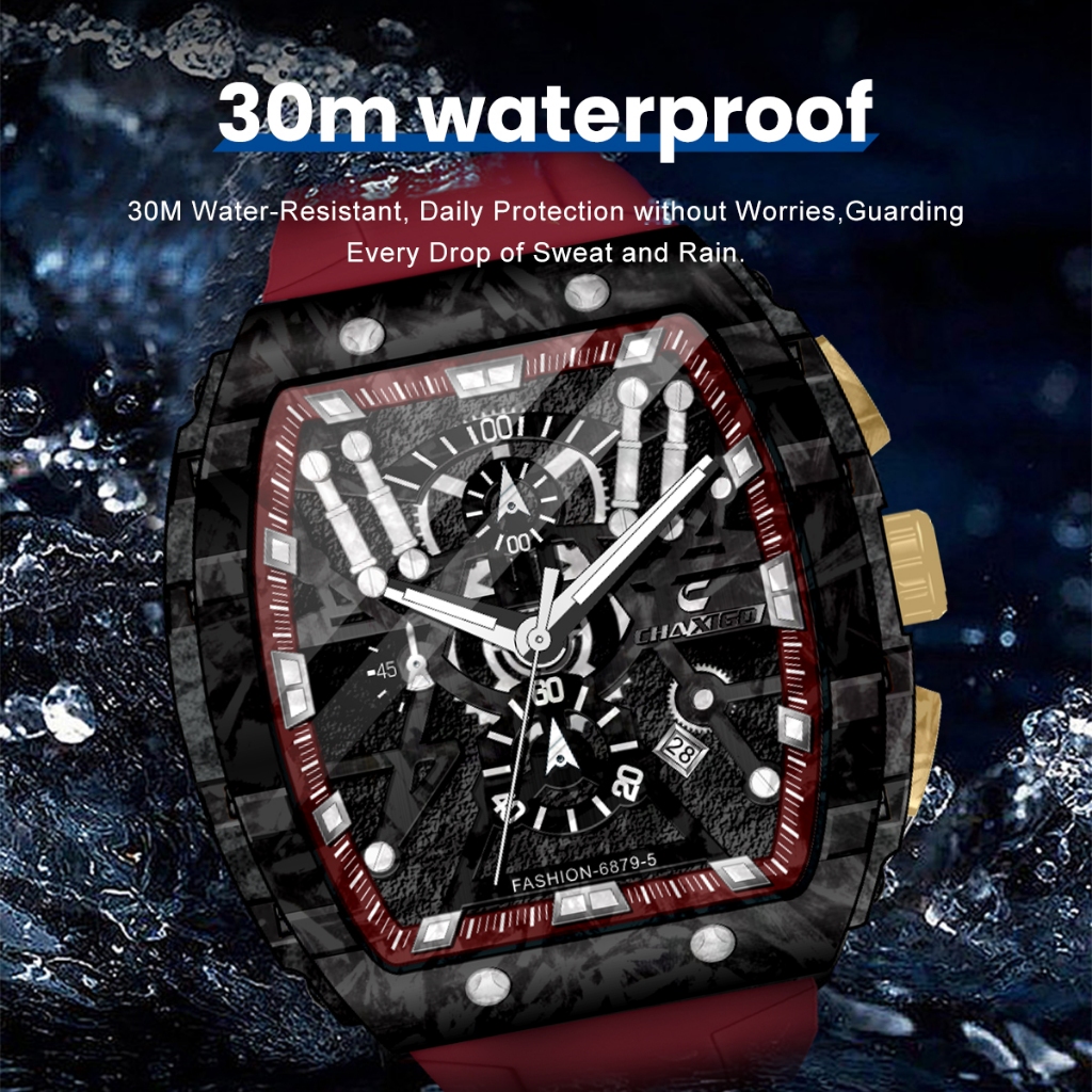 Chaixgo ผู้ชาย Chronograph นาฬิกาควอตซ์ Tonneau Dial Luminous Alloy กีฬากลางแจ้งนาฬิกาผู้ชายนาฬิกาพร้อมสายซิลิโคนสีส้ม 6879-5