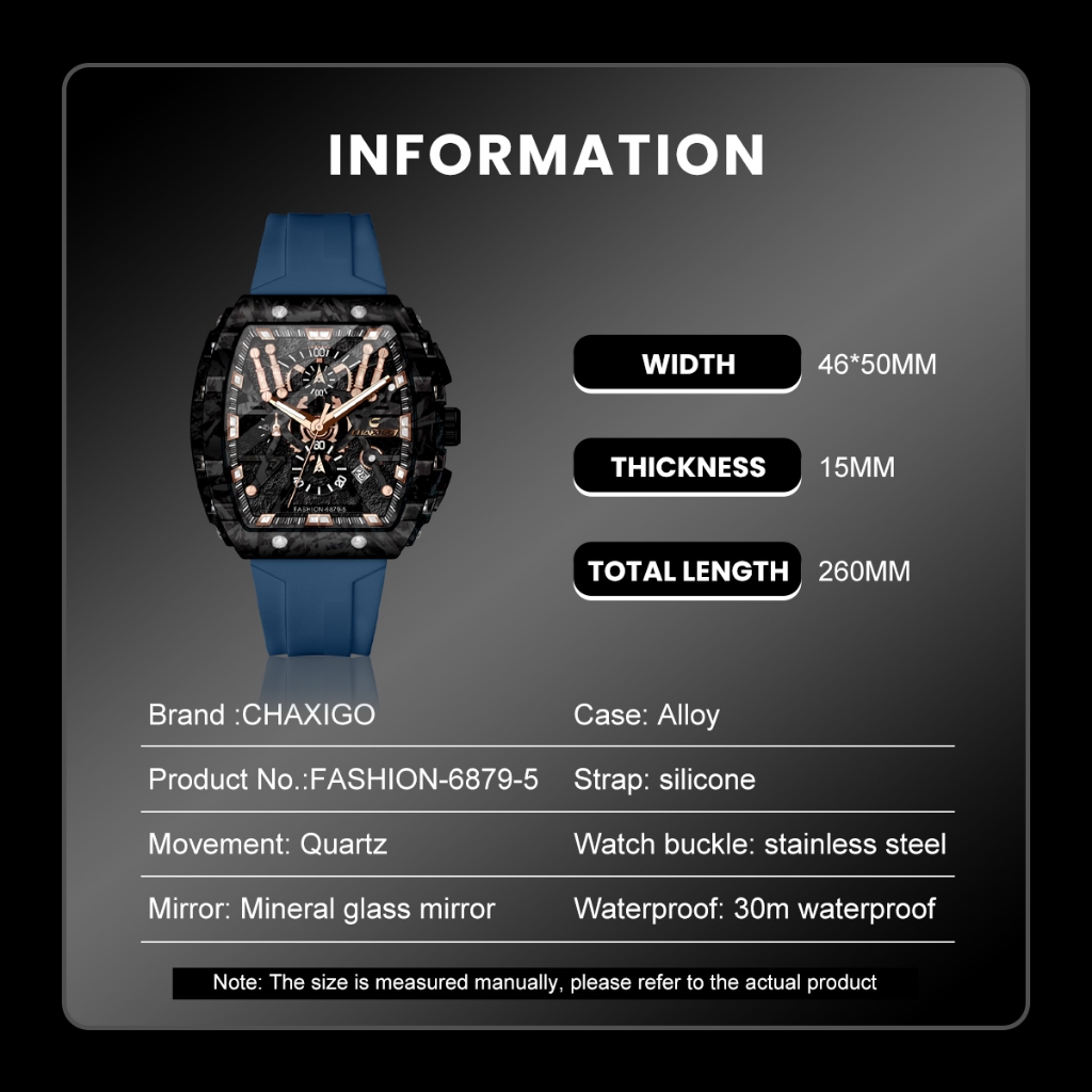 Chaixgo ผู้ชาย Chronograph นาฬิกาควอตซ์ Tonneau Dial Luminous Alloy กีฬากลางแจ้งนาฬิกาผู้ชายนาฬิกาพร้อมสายซิลิโคนสีส้ม 6879-5