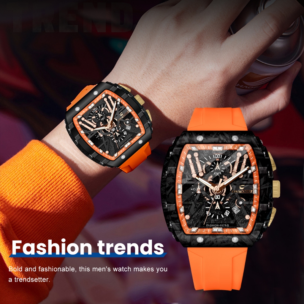 Chaixgo ผู้ชาย Chronograph นาฬิกาควอตซ์ Tonneau Dial Luminous Alloy กีฬากลางแจ้งนาฬิกาผู้ชายนาฬิกาพร้อมสายซิลิโคนสีส้ม 6879-5
