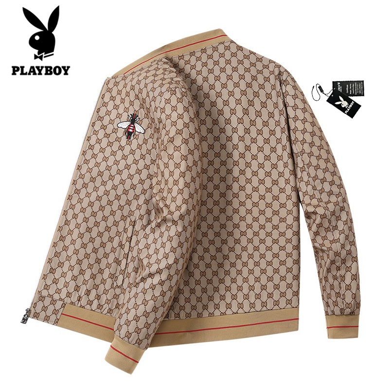 Playboy เกาหลีฤดูใบไม้ร่วงใหม่หรูหราแฟชั่นพิมพ์เสื้อเบสบอล Bee ปัก MEN Coat