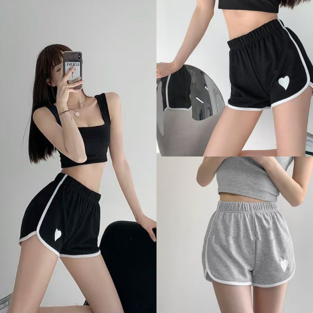 Bella Shop กางเกงขาสั้นทรงหลวมรูปหัวใจสีตัดกันย้อนยุคสำหรับผู้หญิง
