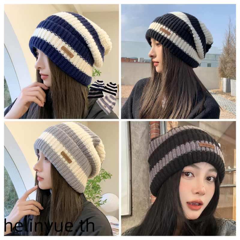 Helinyue ฤดูหนาวหมวกอบอุ่นสําหรับผู้หญิงสบายๆซ้อนถัก Bonnet หมวกผู้ชายหมวกลาย Hip Hop Unisex หญิง Beanies TH