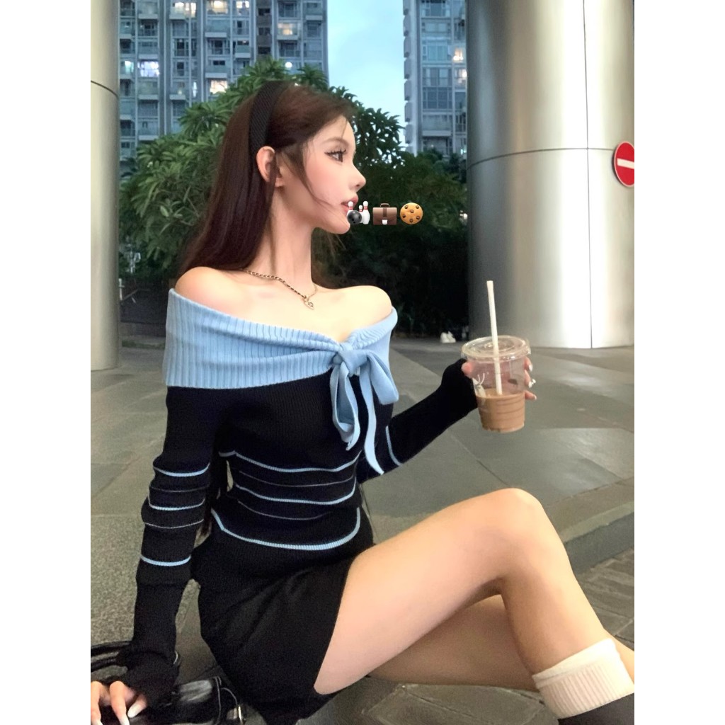 NZN One-line คอ Laced-Up Contrast สีเสื้อแขนยาวผู้หญิงฤดูใบไม้ร่วง Slim-Fit สาวร้อนสั้น Strapless Top
