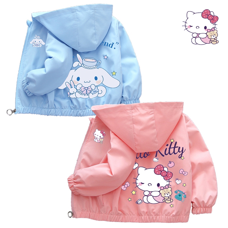 SANRIO เสื้อผ้าเด็กฤดูใบไม้ผลิฤดูใบไม้ร่วงสาววัยรุ่นเสื้อกันลมเสื้อเด็กsanrio Hello Kitty CinnamorollซิปHoodie Coat Outerwear