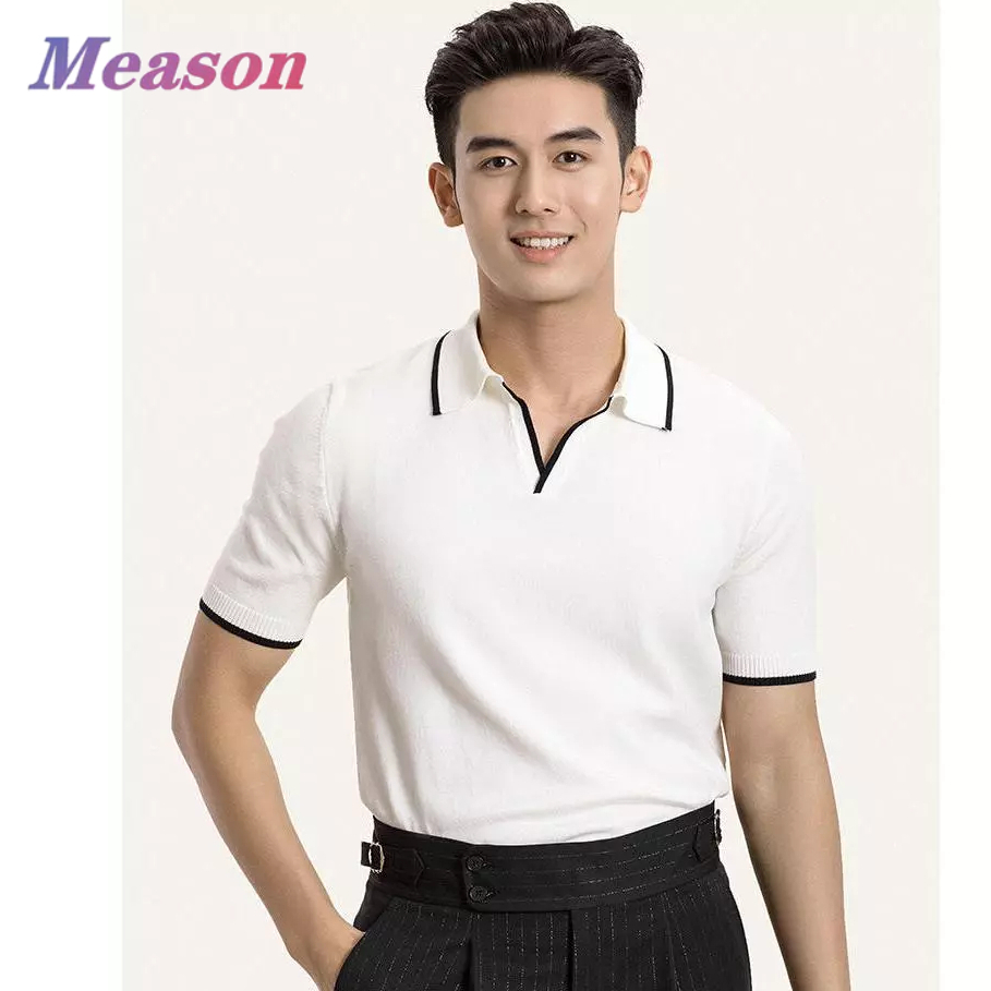 Meason cool Polo™ เสื้อโปโลยับยั้งกลิ่นเหงื่อ ผ้าถักยืดหยุ่น สีดำ สีขาว [ลายทาง เสื้อโปโล] A17